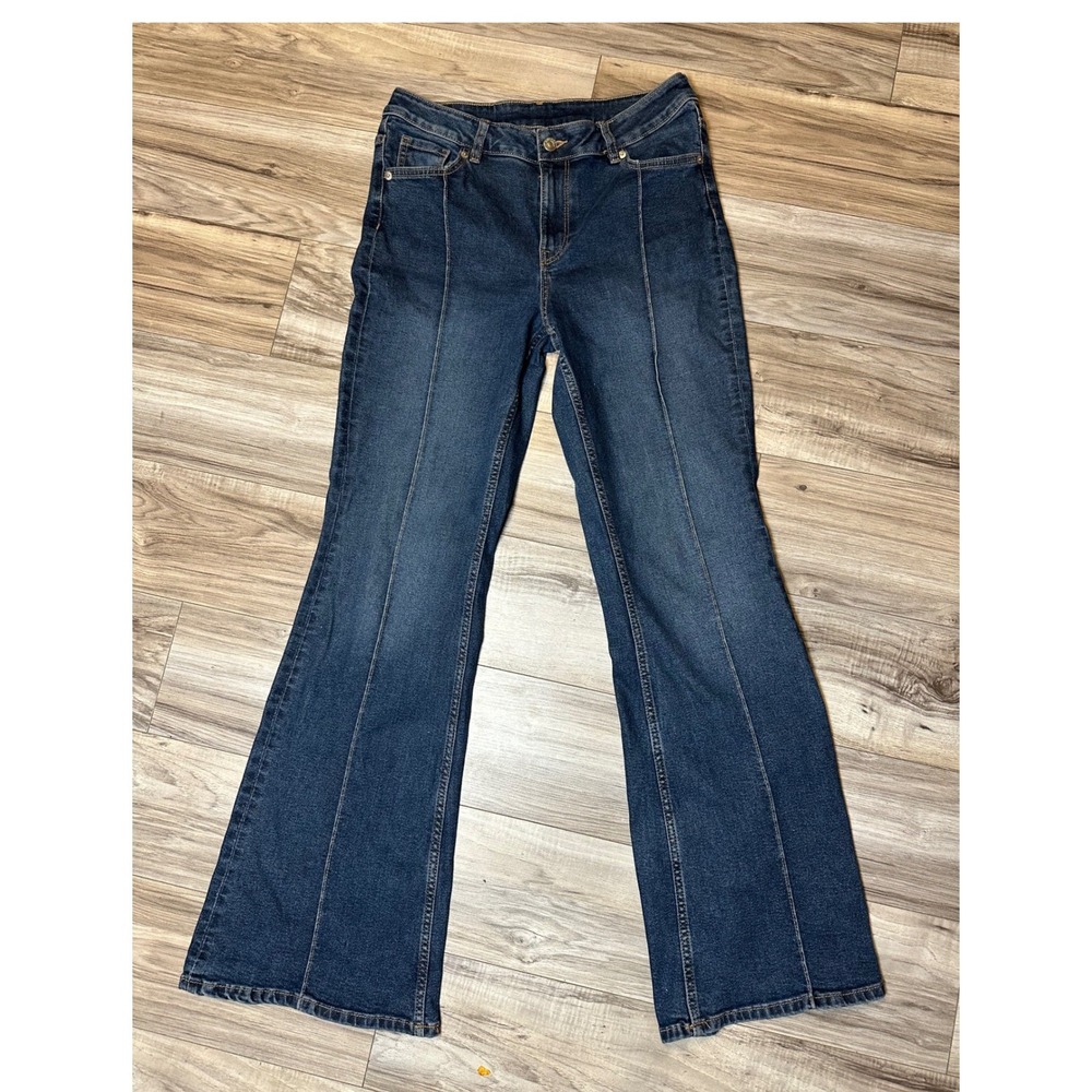 HM Divided Women Dark Wash Flare Jeans High Rise Seam Detail Size 10 Retro 70s